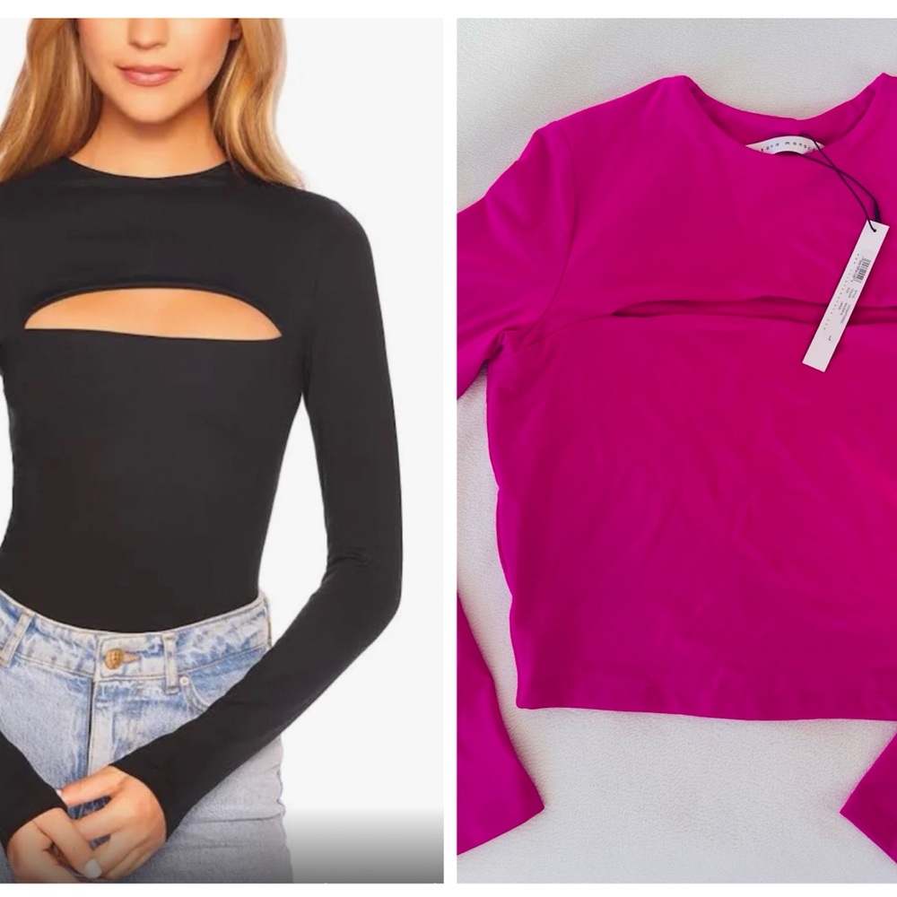 Susana Monaco Women's Slit Front Long Sleeve Top Magenta Hot Pink Size L NWT